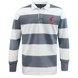 The EMB Mudoo Washington State University Classic Long Sleeve Hooped Rugby Jersey features wide gray and white stripes, a collar, and a red embroidered logo with "Rugby" text on the left chest.