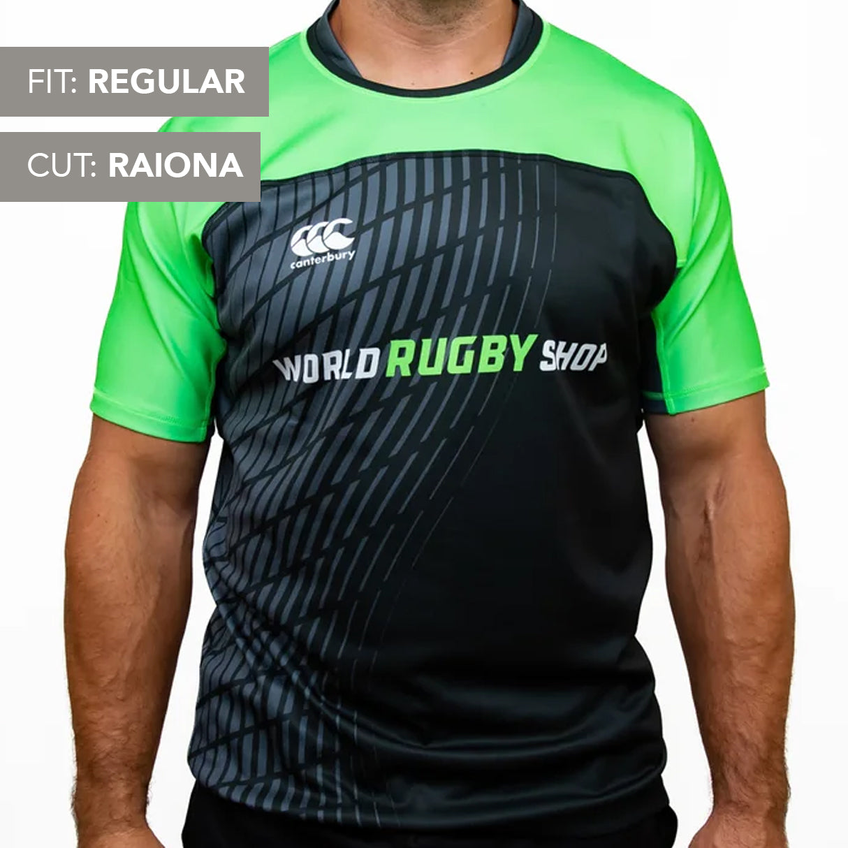 A person wearing a black and green Teamatical Canterbury Elite Full Custom Sublimated Jersey - Mens, featuring "Fit: Regular" and "Cut: Raiona" labels in the top left corner.