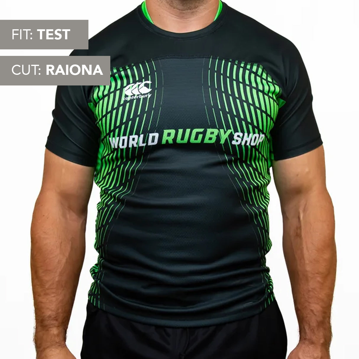A person wears a Canterbury Elite Full Custom Sublimated Jersey - Mens by Teamatical in black and green. Overlayed text labels the fit as "TEST" and the cut as "RAIONA.