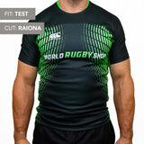 A person wears a Canterbury Elite Full Custom Sublimated Jersey - Mens by Teamatical in black and green. Overlayed text labels the fit as "TEST" and the cut as "RAIONA.