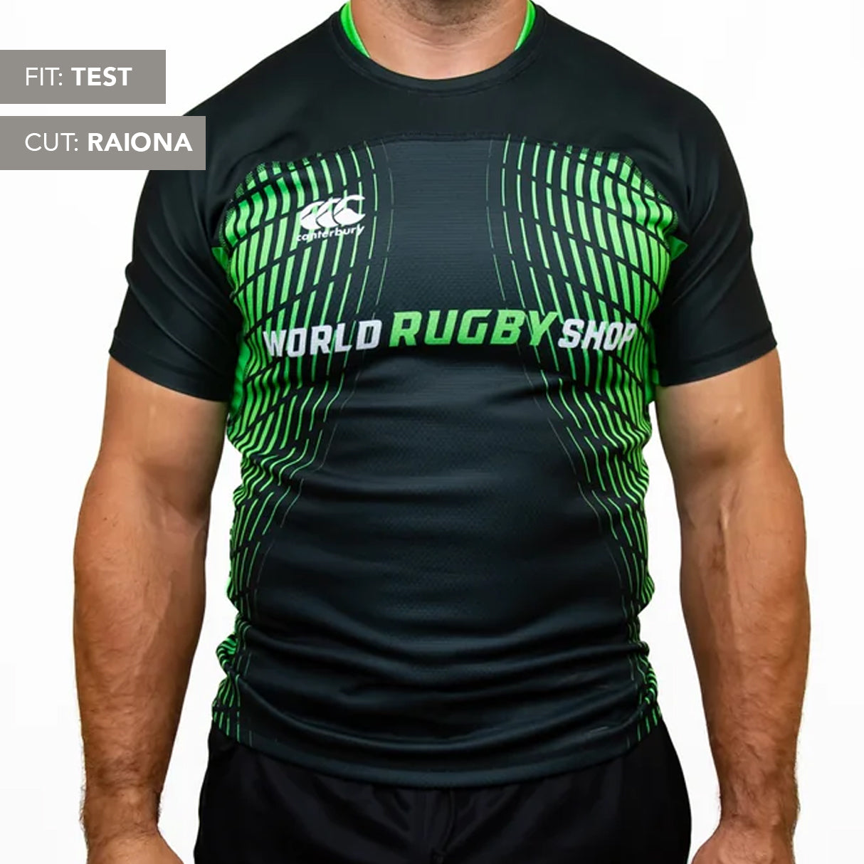 A person wears a black and green Teamatical Canterbury Elite Full Custom Sublimated Jersey - Mens, with "FIT: TEST" and "CUT: RAIONA" text in the upper left corner.