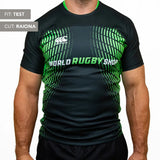 A person wears a black and green Teamatical Canterbury Elite Full Custom Sublimated Jersey - Mens, with "FIT: TEST" and "CUT: RAIONA" text in the upper left corner.