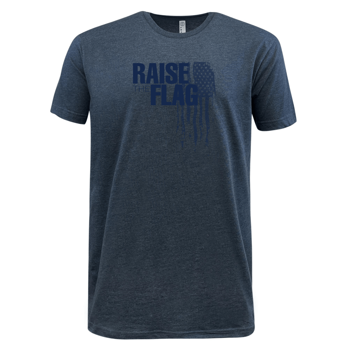 Introducing the Raise the Flag Supersoft Tee by WRS LAT—a blue, supersoft shirt adorned with a dark blue graphic of an American flag and the text "RAISE THE FLAG" on the chest. This tee is perfect for any patriotic USA team apparel collection.