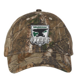 The EMB S&S Activewear Birmingham Steel Rugby Camo Cap in Realtree Extra features an embroidered team logo on the front, delivering a rugged and stylish look.