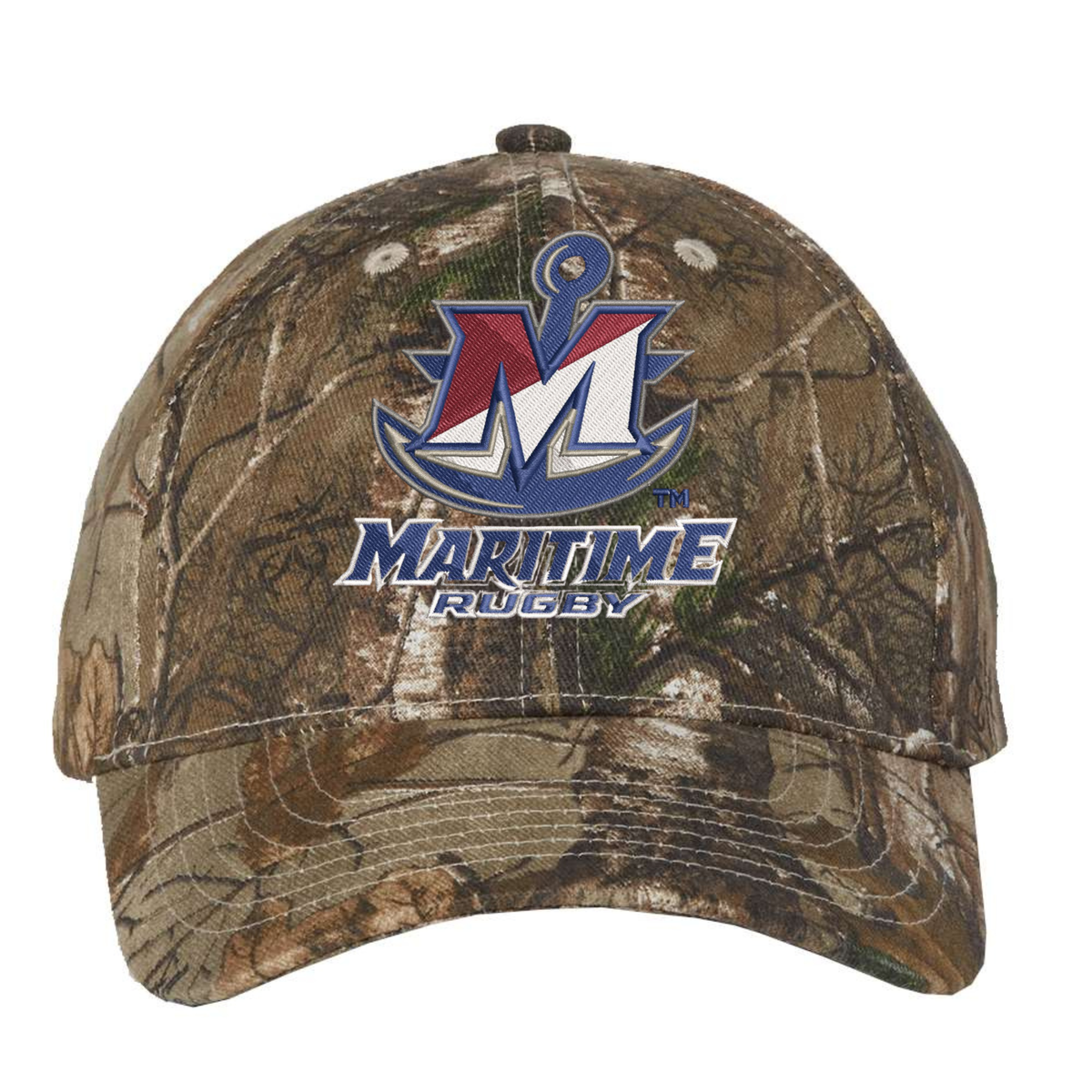 SUNY Maritime Men’s Rugby Realtree Camo Cap featuring an anchor behind a large letter M, with “MARITIME RUGBY” text below it.