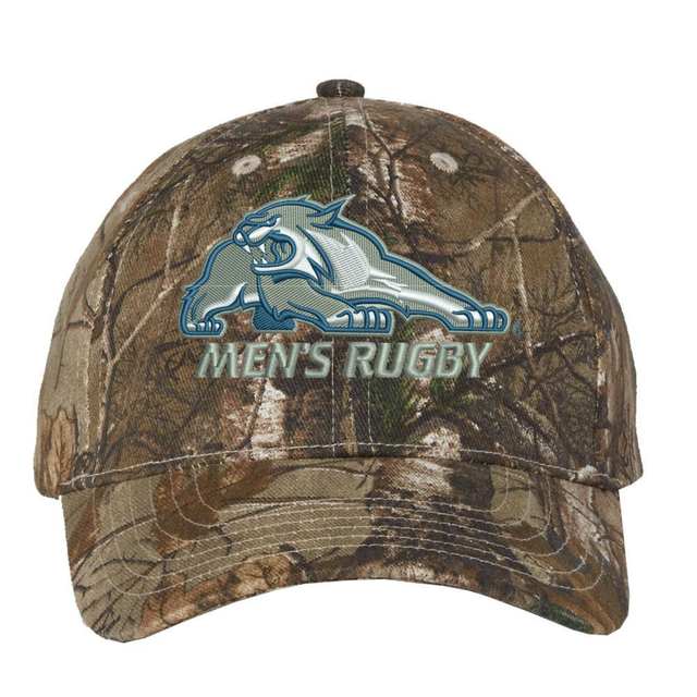 University of New Hampshire Realtree Camo Cap in Realtree Xtra camo, featuring an embroidered grey wildcat mascot and the words “MEN’S RUGBY.”