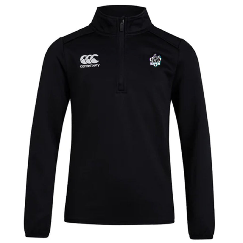 The South Reapers Club 1/4 Zip Mid Layer Training Top by EMB Canterbury features a black long-sleeve design with a Canterbury logo on the right chest and an embroidered crest on the left, ideal for rugby training.