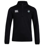 The South Reapers Club 1/4 Zip Mid Layer Training Top by EMB Canterbury features a black long-sleeve design with a Canterbury logo on the right chest and an embroidered crest on the left, ideal for rugby training.