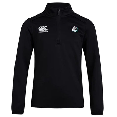 The South Reapers Club 1/4 Zip Mid Layer Training Top by EMB Canterbury features a black long-sleeve design with a Canterbury logo on the right chest and an embroidered crest on the left, ideal for rugby training.