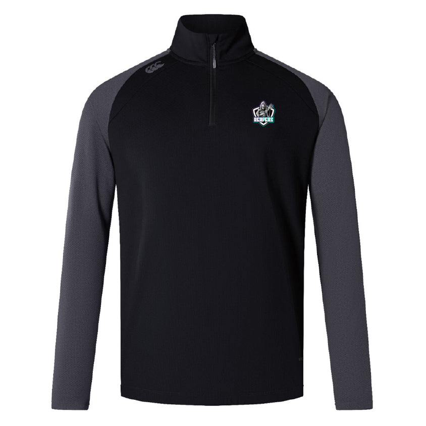 The South Reapers Women's Elite First Layer by EMB Canterbury is a black and dark gray long-sleeve quarter-zip pullover with VapoDri technology and an embroidered sports team logo on the left chest.