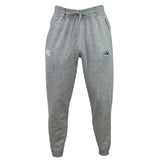 The South Reapers Leisure Sweatpant by EMB Canterbury is crafted from recycled polyester fleece and organic cotton, featuring a light grey color, elastic waistband, drawstring, and two front thigh logos.