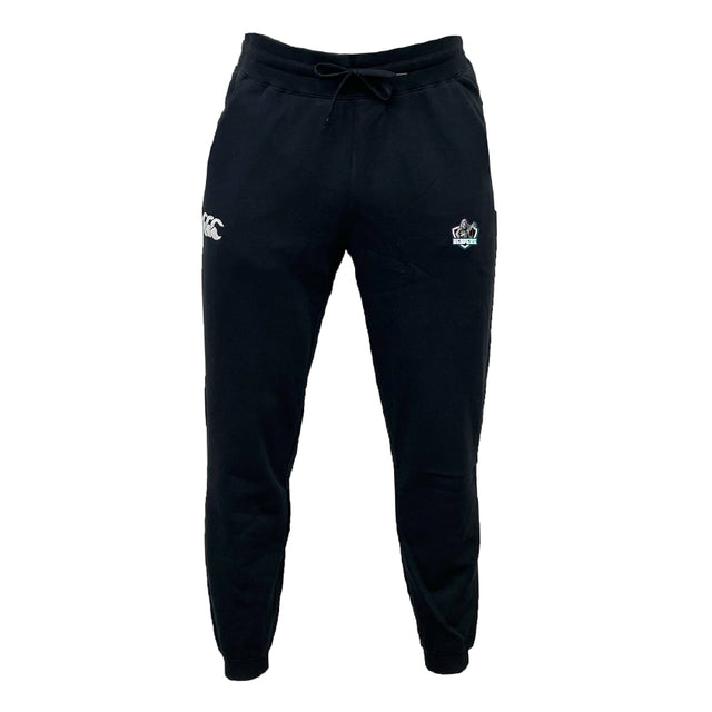 The South Reapers Leisure Sweatpant by EMB Canterbury features organic cotton, a drawstring waistband, side pockets, and two small embroidered logos on the upper thighs.