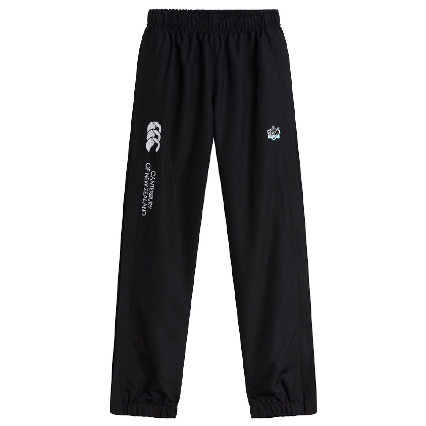 The South Reapers Cuffed Hem Stadium Pant by EMB Canterbury features an elastic waist, cuffed hem, a white Canterbury of New Zealand logo, and a small embroidered crest on the left thigh—ideal men's rugby pants for style and comfort.