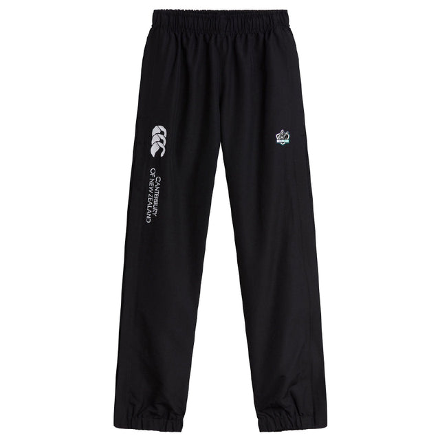 The South Reapers Cuffed Hem Stadium Pant by EMB Canterbury features an elastic waist, cuffed hem, a white Canterbury of New Zealand logo, and a small embroidered crest on the left thigh—ideal men's rugby pants for style and comfort.