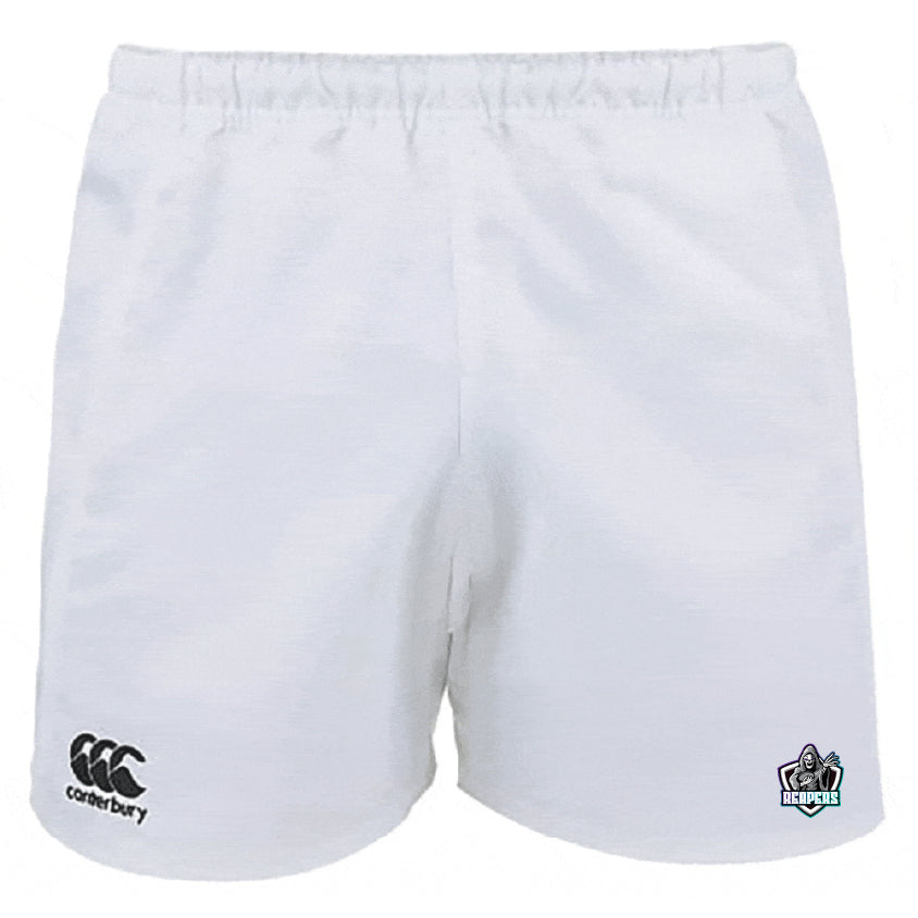 The South Reapers Advantage Rugby Shorts by EMB Canterbury feature an elastic waistband, moisture-wicking fabric for comfort, the Canterbury logo on the left leg, and a team logo on the right leg.