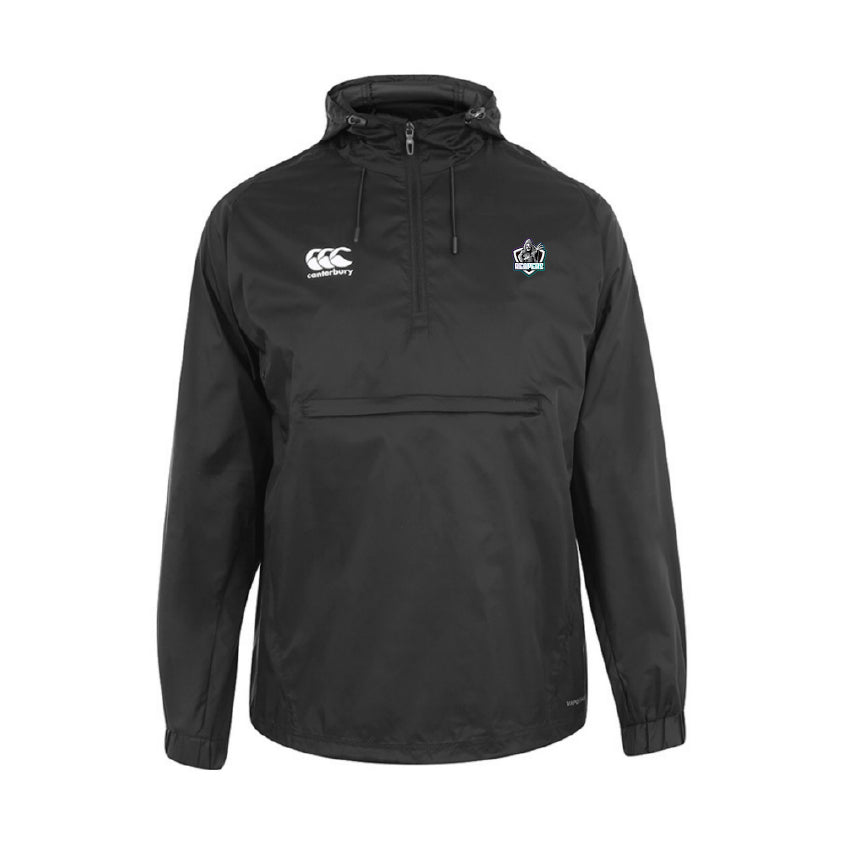 The South Reapers Packaway Jacket by EMB Canterbury is a black, water-resistant Nylon Taffeta jacket with a front zipper pocket, Canterbury logo on the right chest, and an embroidered crest on the left.