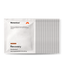 A stack of Momentous Recovery 14-Travel Packs in chocolate flavor by Momentous, featuring high-quality whey protein for muscle repair, displayed on a plain white background.