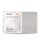A row of Momentous Recovery 14-Travel Packs from Momentous, featuring vanilla flavor and whey protein for muscle repair, is displayed on a white background.