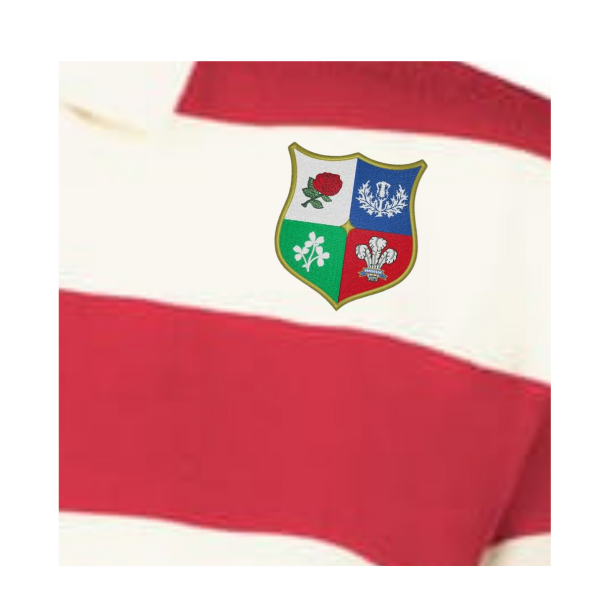 The Women's Vintage British & Irish Lions Prep Street Rugby Crop by EMB Augusta is a red and white striped rugby shirt featuring a crest with the red rose, thistle, shamrock, and three feathers.