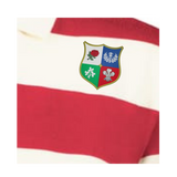 The Women's Vintage British & Irish Lions Prep Street Rugby Crop by EMB Augusta is a red and white striped rugby shirt featuring a crest with the red rose, thistle, shamrock, and three feathers.