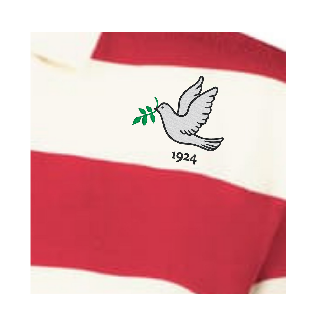 A graphic of a dove holding a green branch with "1924" is printed on the red and white striped EMB Augusta Women's Vintage Tonga Prep Street Rugby Crop.