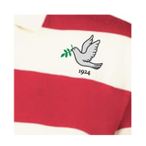 A graphic of a dove holding a green branch with "1924" is printed on the red and white striped EMB Augusta Women's Vintage Tonga Prep Street Rugby Crop.