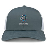 The Syracuse Silverbacks Retro Trucker Cap by EMB S&S Activewear features a gray and white design, embroidered gorilla logo, "Silverbacks Syracuse" front, 65% polyester/35% cotton blend, and an adjustable snapback closure.