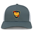 Cincinnati Classical Academy retro trucker cap by EMB Alpha Broder featuring a shield emblem with a stylized golden eagle on a red background.