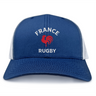 The Nations of Rugby France Retro Trucker Cap by EMB S&S Activewear is a blue and white snapback hat featuring "FRANCE RUGBY" text and a red rooster graphic on the front panel for adjustable fit.