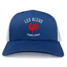 The Les Bleus France Rugby Retro Trucker Cap by EMB S&S Activewear features a blue and white design with a red rooster graphic and "LES BLEUS FRANCE RUGBY" text—ideal for fans of classic French rugby style.