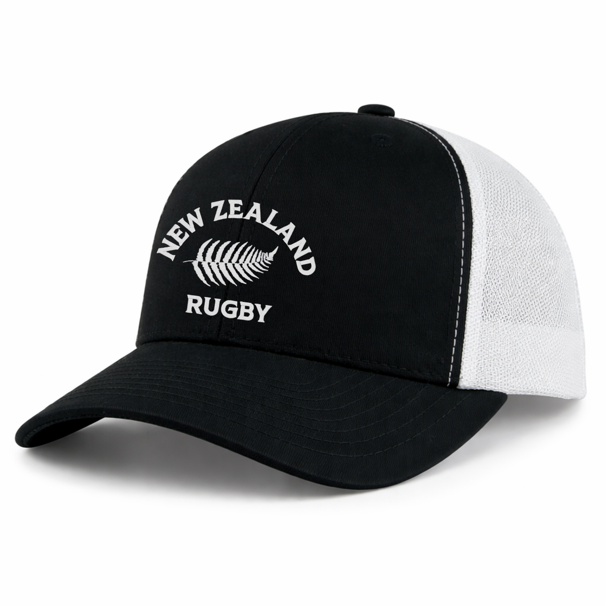 The EMB S&S Activewear Nations of Rugby New Zealand Retro Trucker Cap features black and white panels, "New Zealand Rugby" and a silver fern logo embroidered on the front, plus a classic snapback closure for adjustable fit.