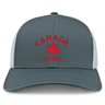 The EMB S&S Activewear Nations of Rugby Canada Rugby Retro Trucker Cap features a gray and white design with bold red "CANADA RUGBY" text, a red maple leaf emblem, and an adjustable snapback closure.