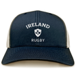 The EMB S&S Activewear Nations of Rugby Ireland Retro Trucker Cap features navy and white mesh, a printed "Ireland Rugby" logo, and a shamrock crest—ideal for any rugby fan.