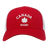 The EMB S&S Activewear Nations of Rugby Canada Rugby Retro Trucker Cap features red and white colors, "CANADA RUGBY" with a maple leaf on the front, and an adjustable snapback closure for a perfect fit.