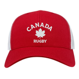 The EMB S&S Activewear Nations of Rugby Canada Rugby Retro Trucker Cap features red and white colors, "CANADA RUGBY" with a maple leaf on the front, and an adjustable snapback closure for a perfect fit.