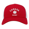 The EMB S&S Activewear Nations of Rugby Canada Rugby Retro Trucker Cap features red and white colors, "CANADA RUGBY" with a maple leaf on the front, and an adjustable snapback closure for a perfect fit.