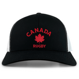 The Nations of Rugby Canada Rugby Retro Trucker Cap by EMB S&S Activewear features "CANADA RUGBY" with a red maple leaf logo and an adjustable snapback closure for comfort in classic black and white.