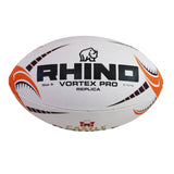 A white and orange Rhino All Blacks v Springboks “Greatest Rivalry” Vortex Pro Replica Ball, size 5, featuring bold branding and graphic accents—perfect for fans seeking a high-quality commemorative rugby ball.
