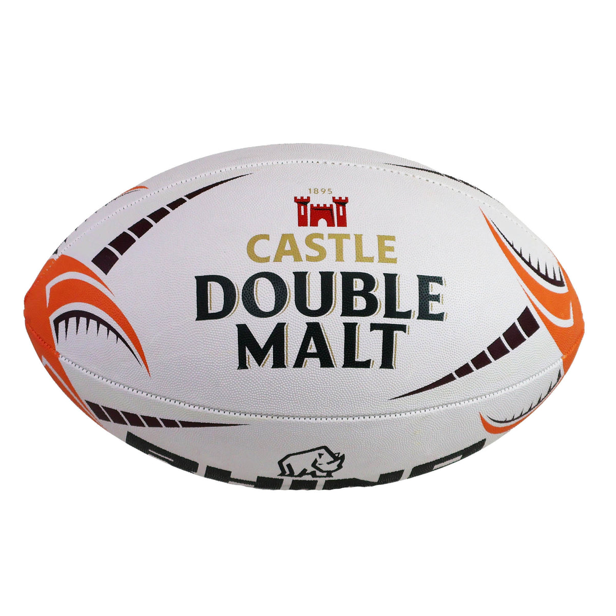 A white Rhino All Blacks v Springboks “Greatest Rivalry” Vortex Pro Replica Ball featuring orange and black accents, with “Castle Double Malt” text and a small illustration of a castle and rhino, this commemorative rugby ball is perfect for fans and collectors alike.