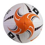 Introducing the Rhino All Blacks v Springboks “Greatest Rivalry” Vortex Pro Replica Ball: a white ball from Rhino showcasing eye-catching orange and black curved graphics alongside bold black geometric patterns, designed to commemorate the classic All Blacks vs Springboks matchup and stand out as a unique rugby collectible.
