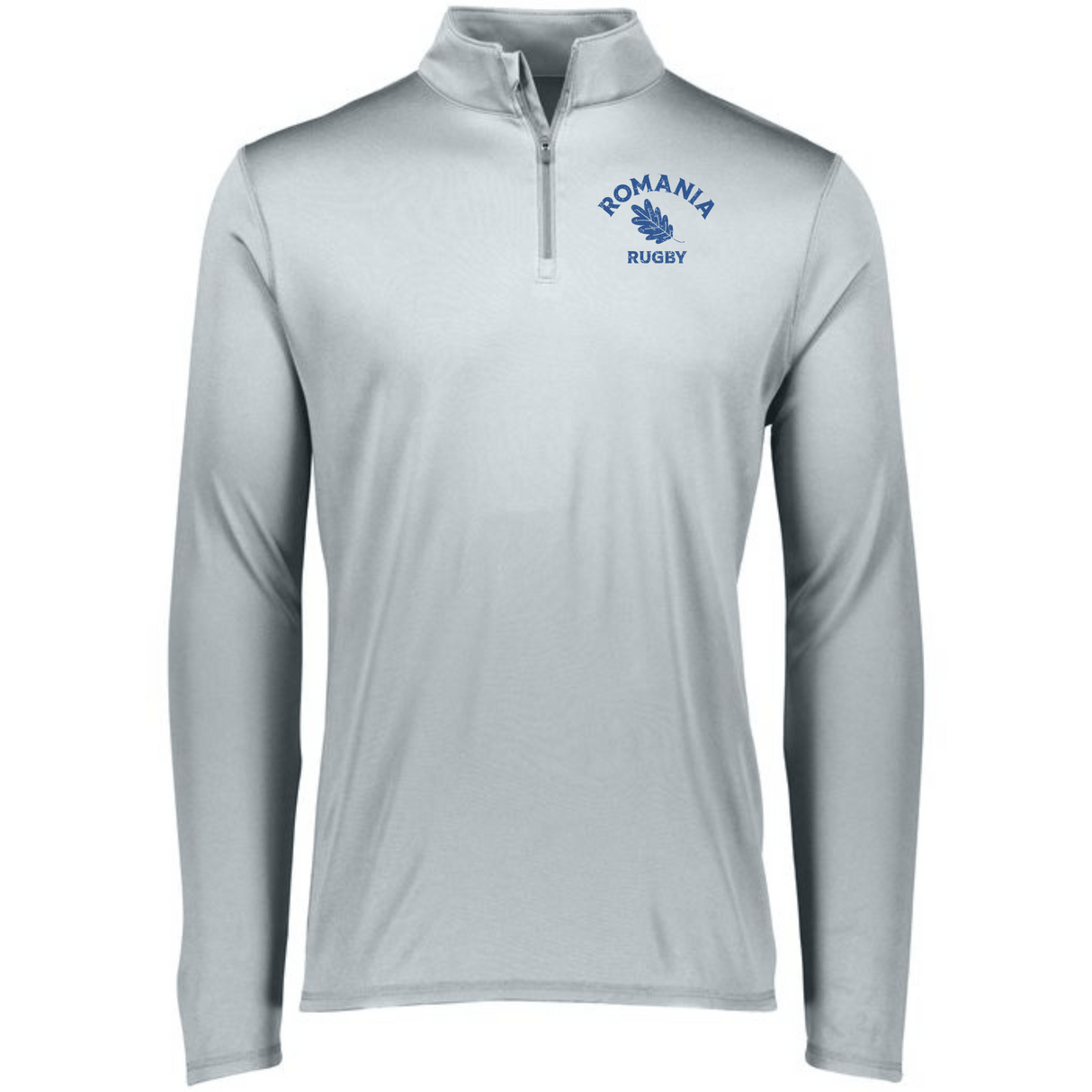 A men's Nations of Rugby Romania Rugby 1/4 Zip Pullover sweatshirt with a blue EMB Augusta logo.