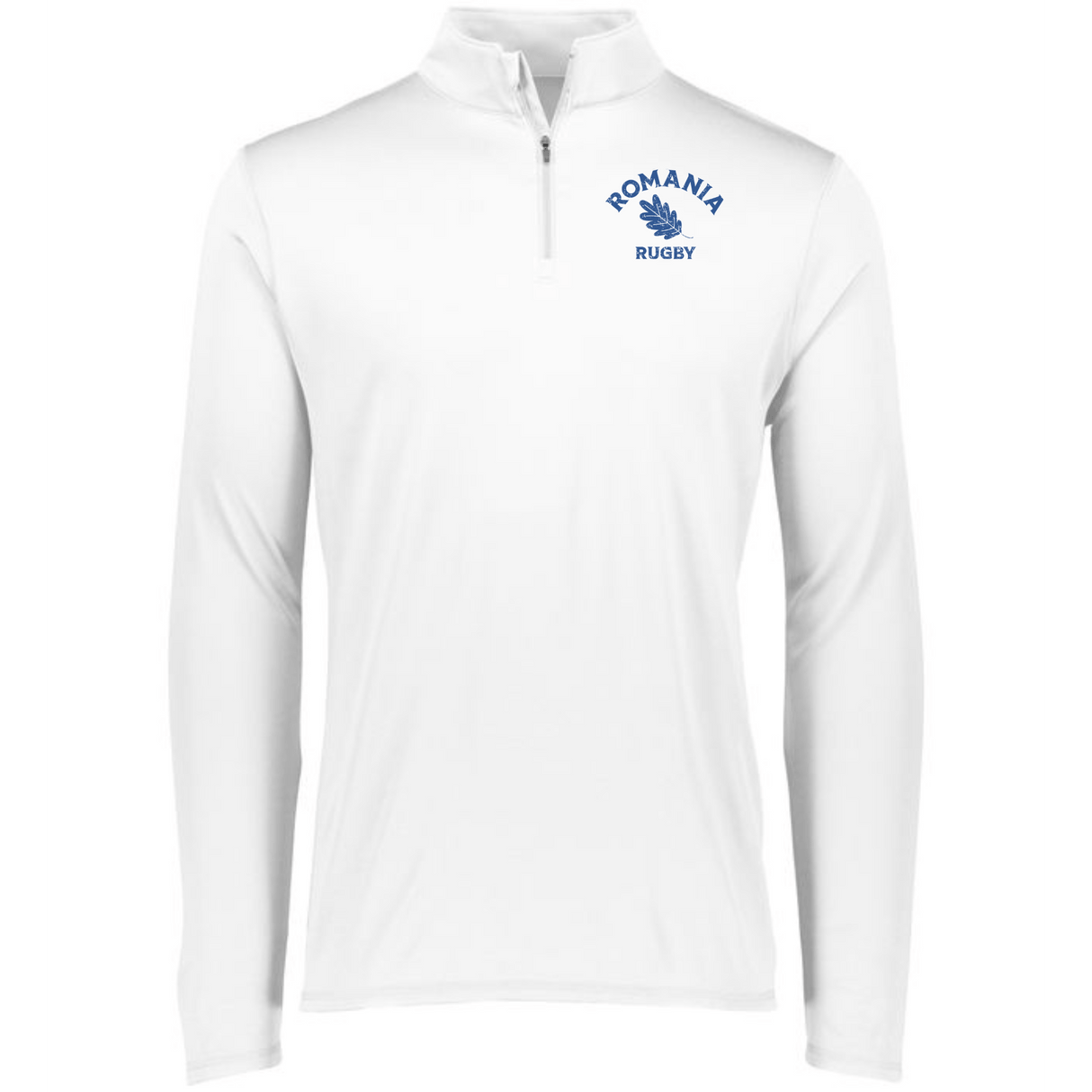 A white Nations of Rugby Romania Rugby 1/4 Zip Pullover with a blue logo on it, suitable for Romania Rugby fans.