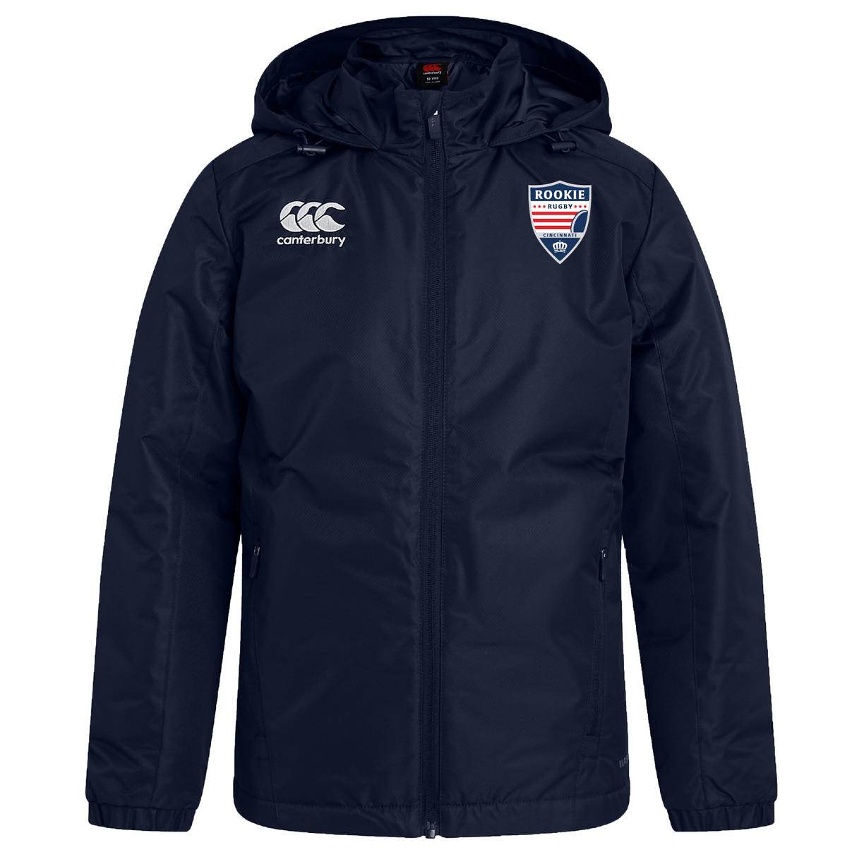 Cincinnati Rookie Rugby Club Vaposhield Stadium jacket by EMB Canterbury with a hood, featuring the EMB Canterbury logo on the right chest and a "rookie" badge on the left chest.