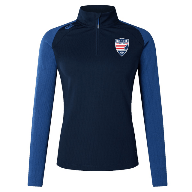 Navy blue athletic long-sleeve top made from honeycomb fabric, with zip half-closure and logo on the left chest, isolated on a white background. Cincinnati Rookie Rugby Women's Elite First Layer by EMB Canterbury.