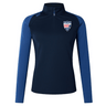 Navy blue athletic long-sleeve top made from honeycomb fabric, with zip half-closure and logo on the left chest, isolated on a white background. Cincinnati Rookie Rugby Women's Elite First Layer by EMB Canterbury.