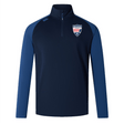 Navy blue quarter-zip long-sleeve sport pullover with a light blue side panel, featuring a Cincinnati Rookie Rugby Elite First Layer badge and EMB Canterbury logo on the chest. Designed with moisture-wicking VapoDri technology, perfect for rugby training.