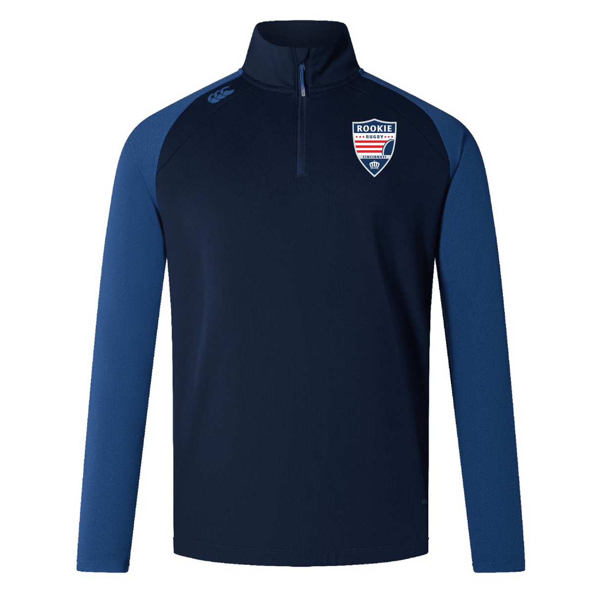 Navy blue quarter-zip long-sleeve sport pullover with a light blue side panel, featuring a Cincinnati Rookie Rugby Elite First Layer badge and EMB Canterbury logo on the chest. Designed with moisture-wicking VapoDri technology, perfect for rugby training.