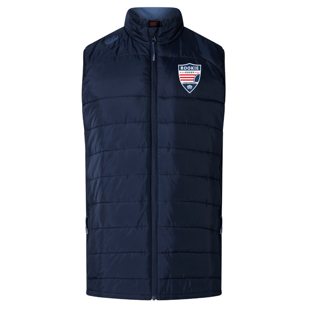 Navy blue padded Cincinnati Rookie Rugby Elite Microlite Gilet by EMB Canterbury with a high collar and zip-up front, featuring a "rookie" badge on the left chest.