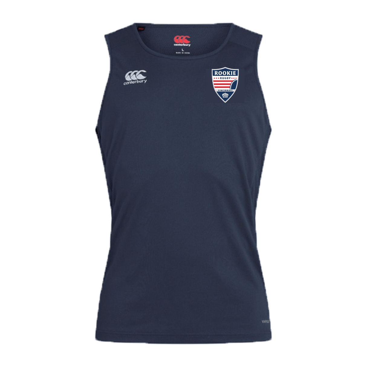 A navy blue Cincinnati Rookie Rugby Club Dry Singlet by EMB Canterbury featuring Vapodri Technology, with a logo on the right chest and 'rookie' badge on the left.