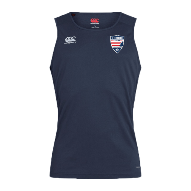 A navy blue Cincinnati Rookie Rugby Club Dry Singlet by EMB Canterbury featuring Vapodri Technology, with a logo on the right chest and 'rookie' badge on the left.